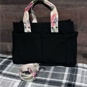 Black Canvas Tote Bag with Patterned Straps